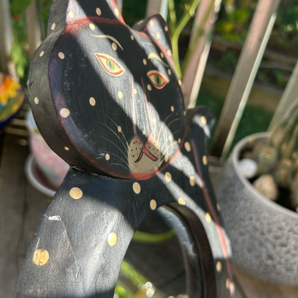 Vtg 90s Whimsical 12.5” X 8” Black Polk a Dot Cat Boho Mirror Indonesia - Picture 7 of 15